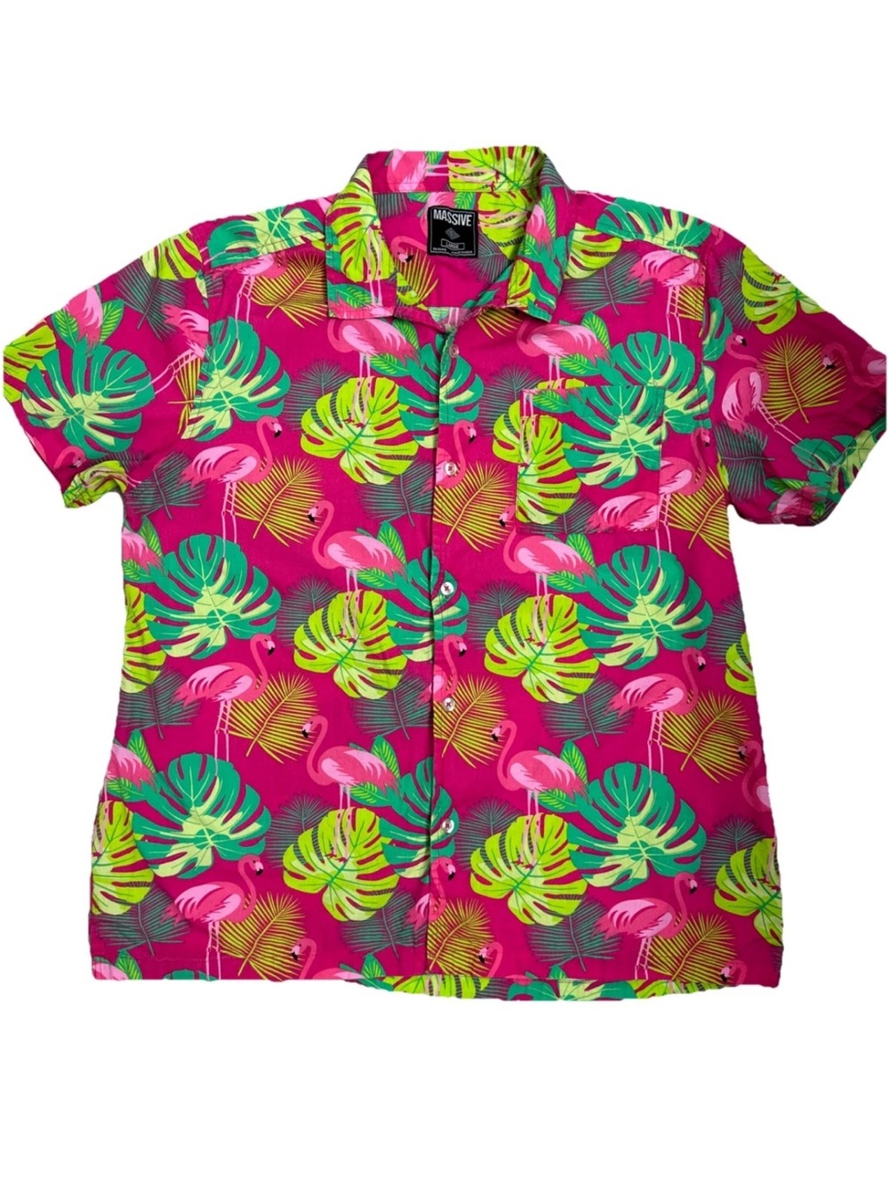 Massive Tropical Flamingo Button-Up Shirt - Hot Pink & Neon